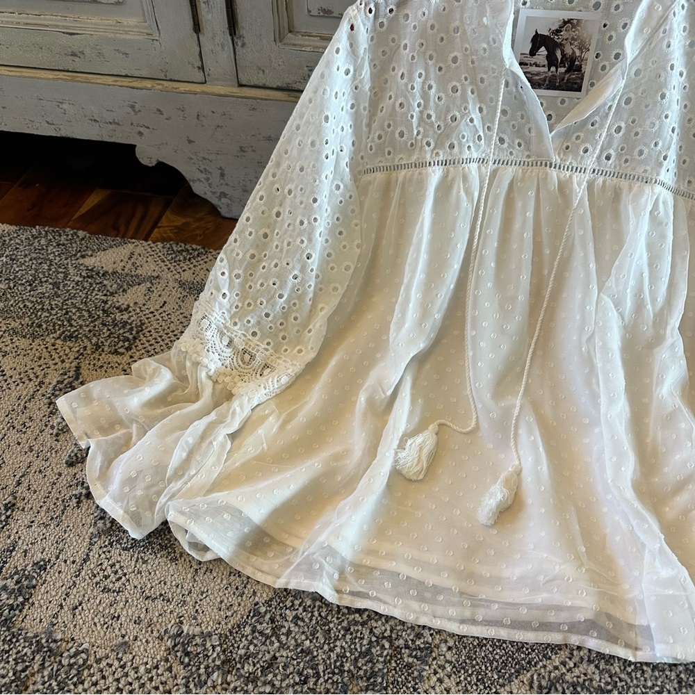 New Women's Boutique White Lace Chiffon Long Sleeve Ethereal Boho Blouse Top - Picture 5 of 9